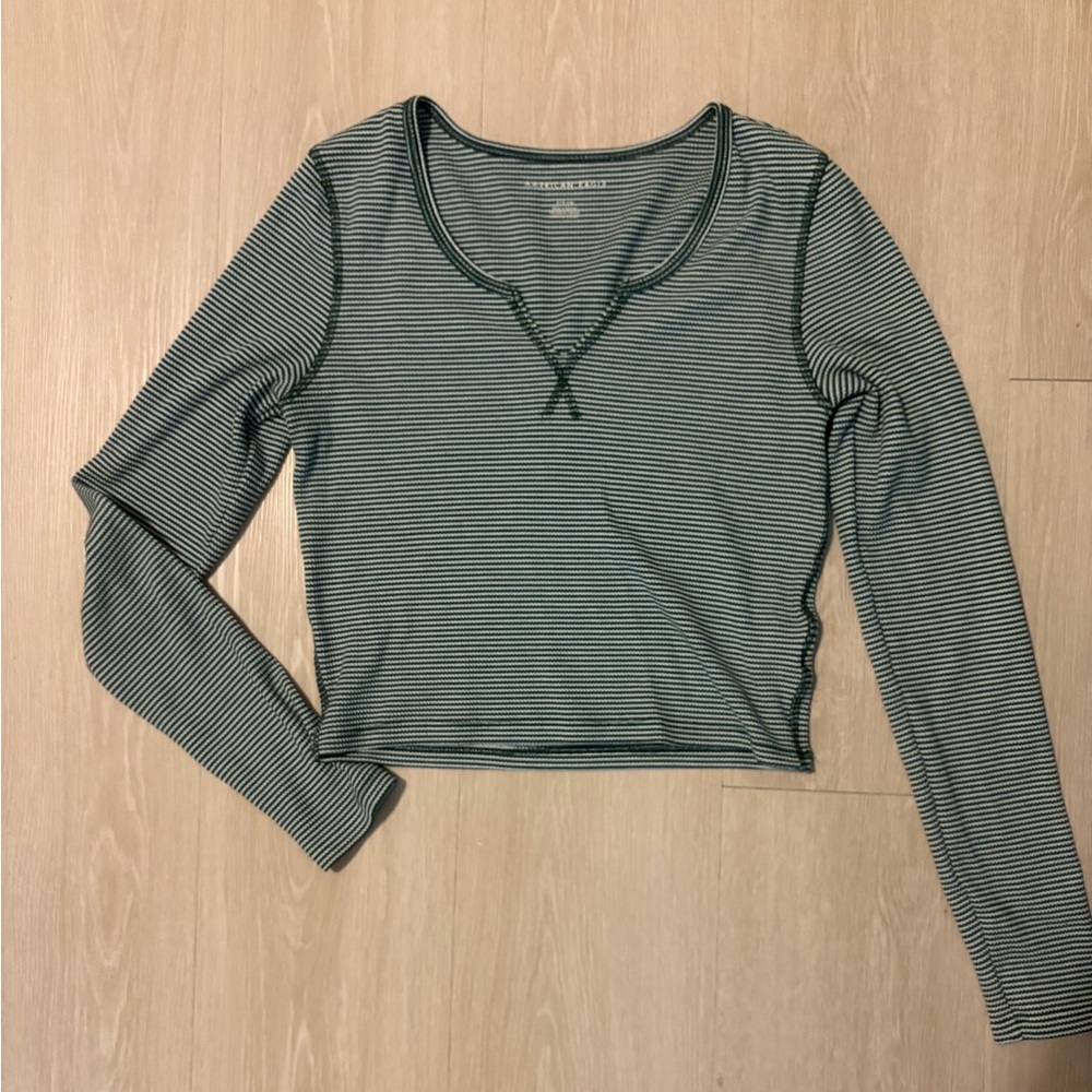 American Eagle Green Striped Long Sleeve Tee